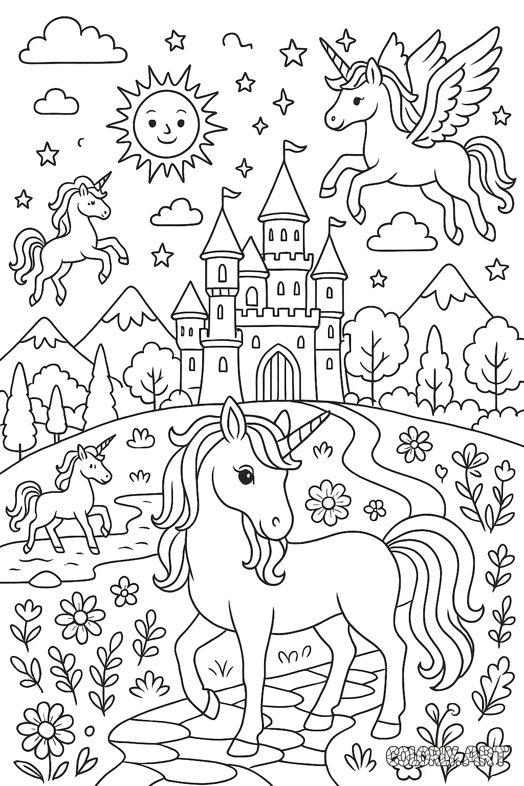 Unicorn Land Coloring Page  Coloring Book Page Coloring Scene Image Colorly.art 